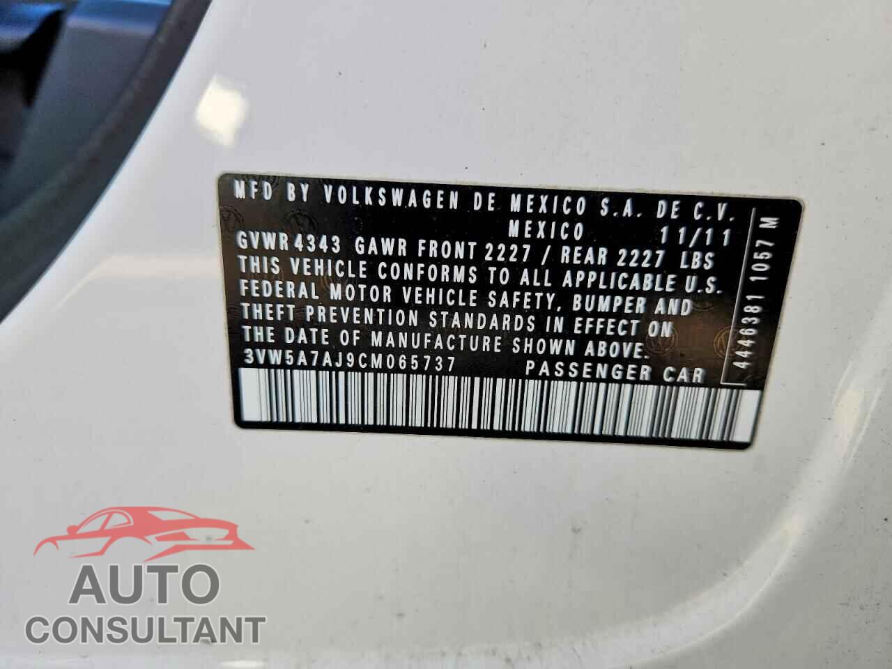 VOLKSWAGEN JETTA 2012 - 3VW5A7AJ9CM065737