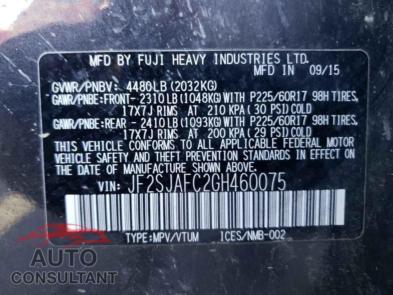 SUBARU FORESTER 2016 - JF2SJAFC2GH460075