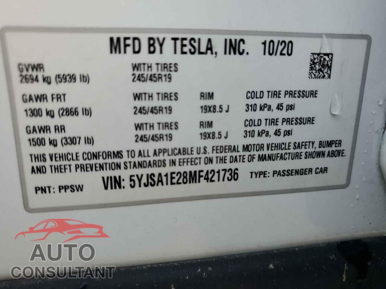 TESLA MODEL S 2021 - 5YJSA1E28MF421736