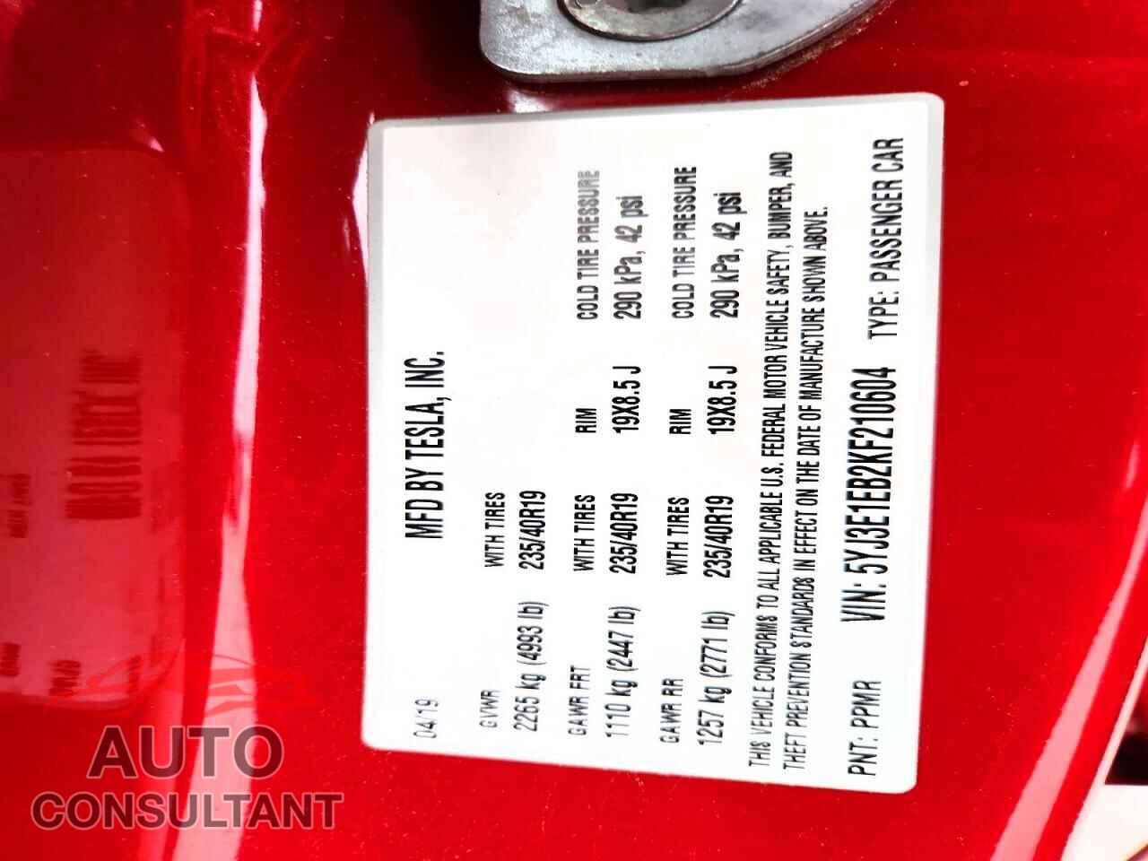 TESLA MODEL 3 2019 - 5YJ3E1EB2KF210604