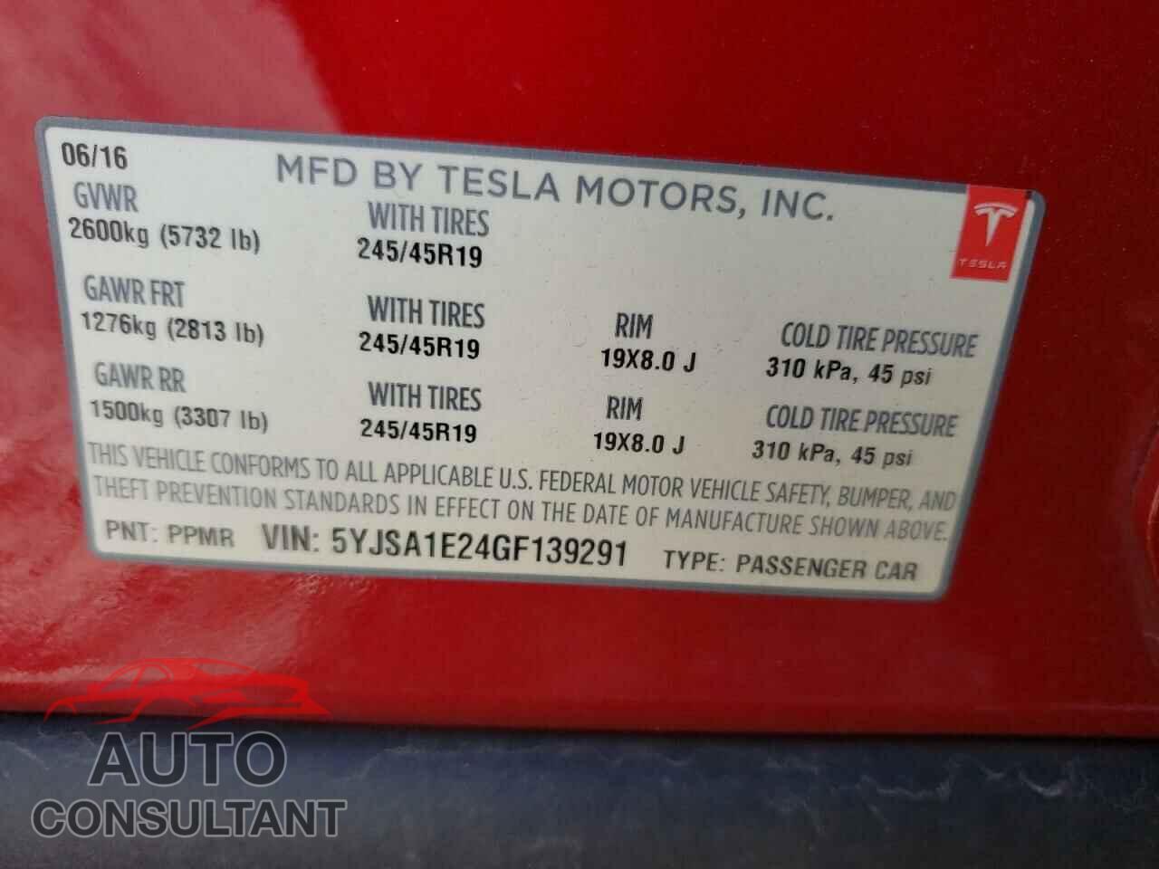 TESLA MODEL S 2016 - 5YJSA1E24GF139291