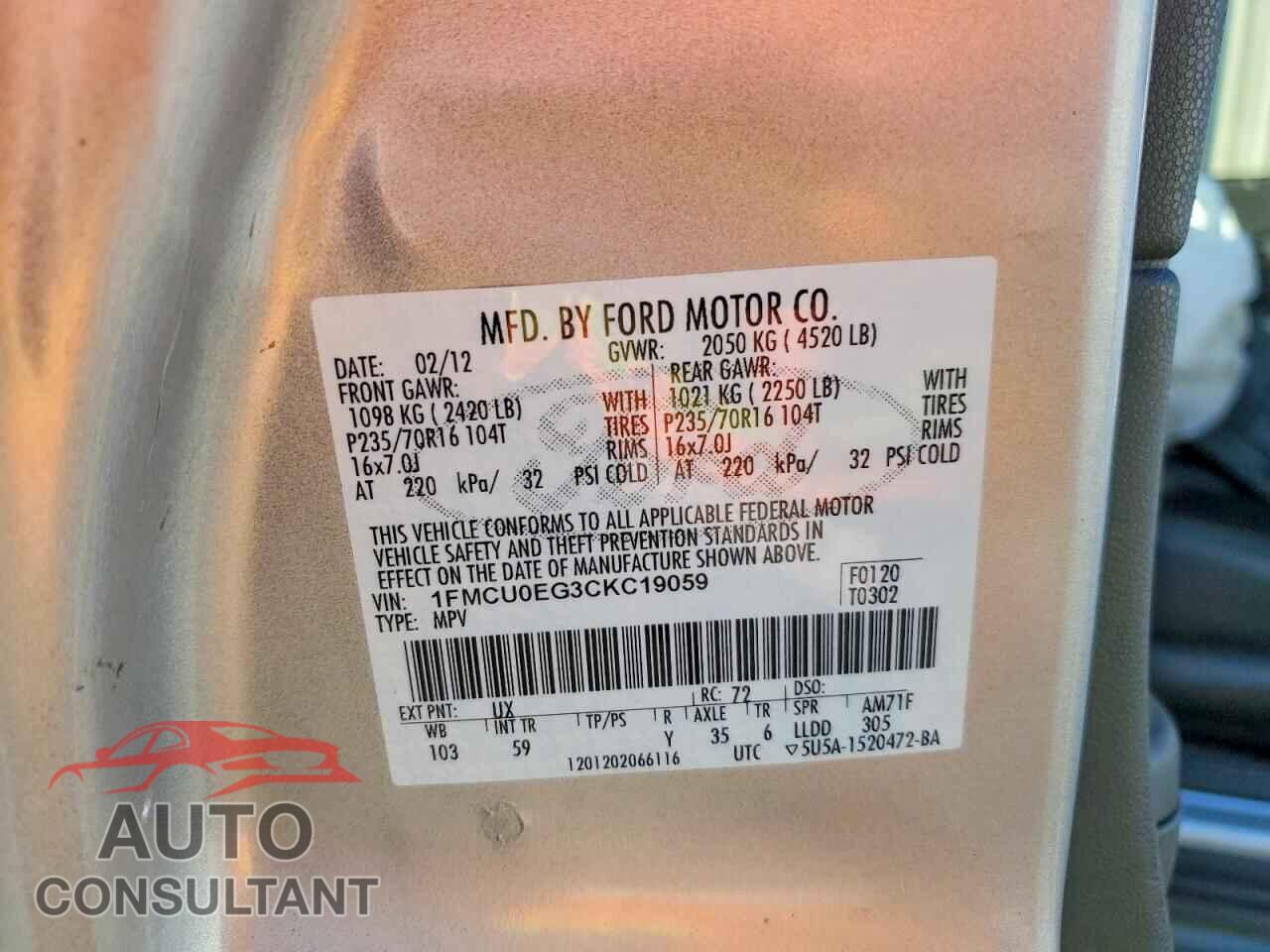 FORD ESCAPE 2012 - 1FMCU0EG3CKC19059