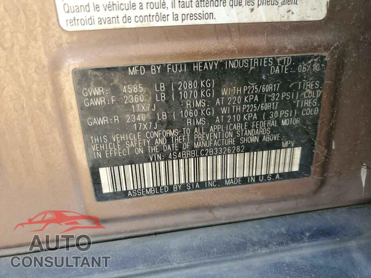 SUBARU OUTBACK 2011 - 4S4BRBLC2B3326282