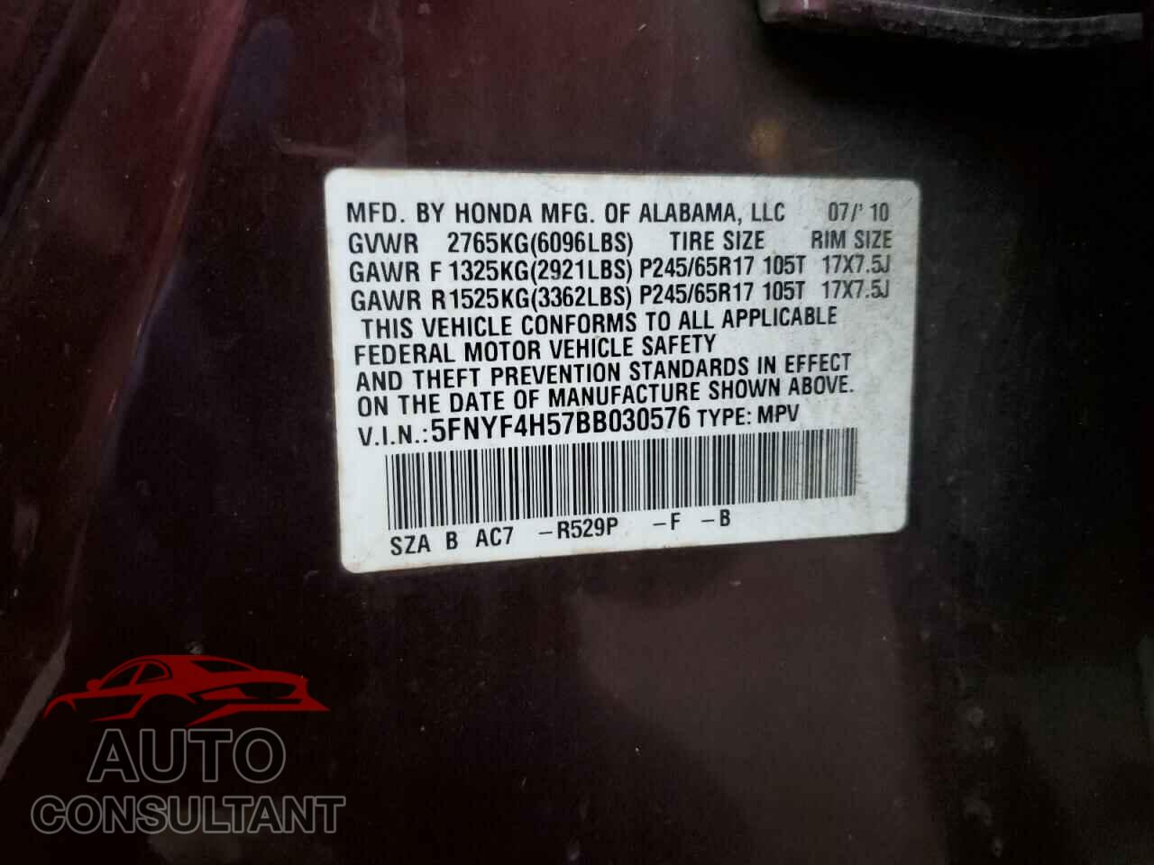 HONDA PILOT 2011 - 5FNYF4H57BB030576