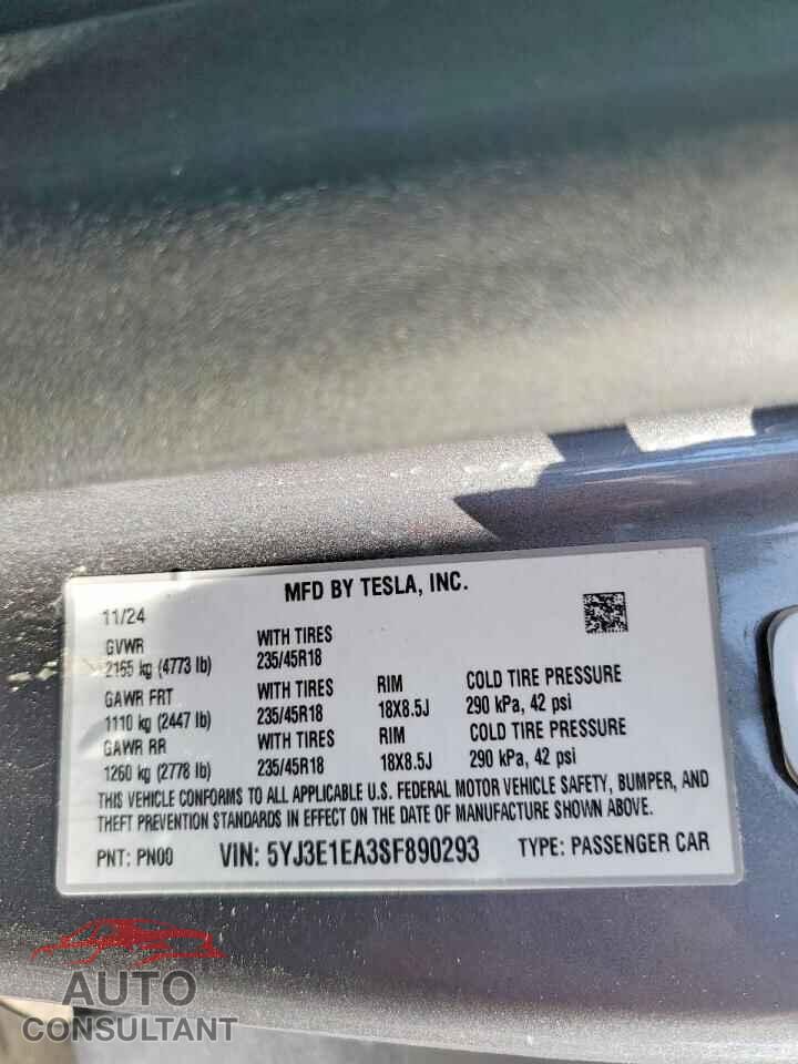 TESLA MODEL 3 2025 - 5YJ3E1EA3SF890293