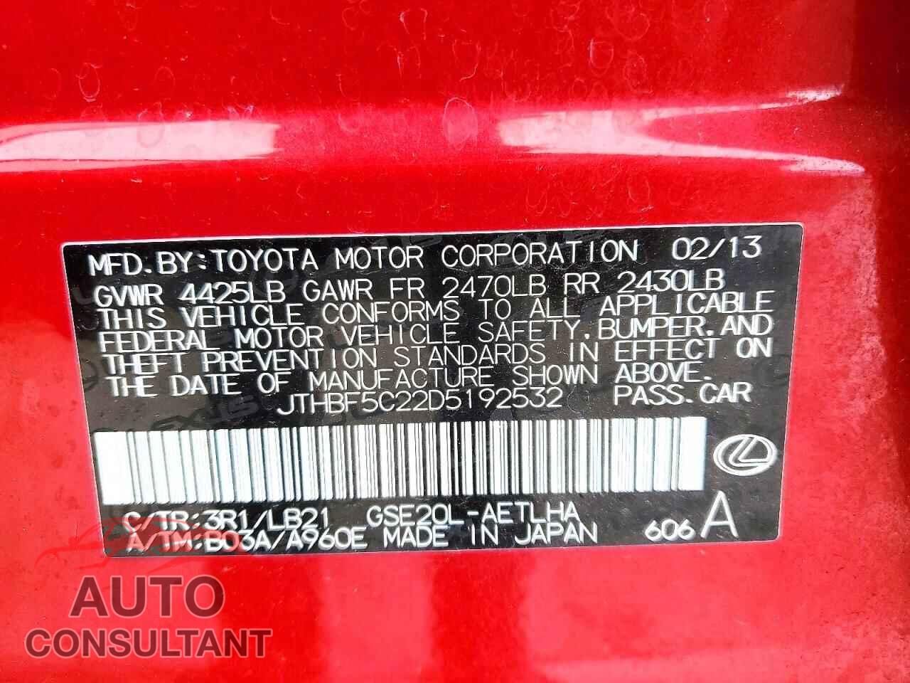 LEXUS IS 2013 - JTHBF5C22D5192532