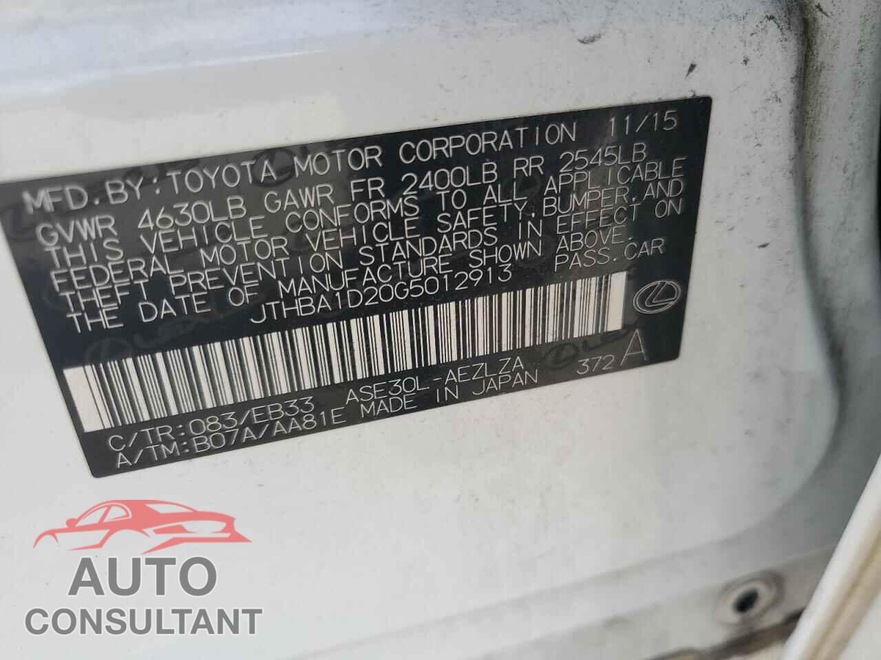 LEXUS IS 2016 - JTHBA1D20G5012913
