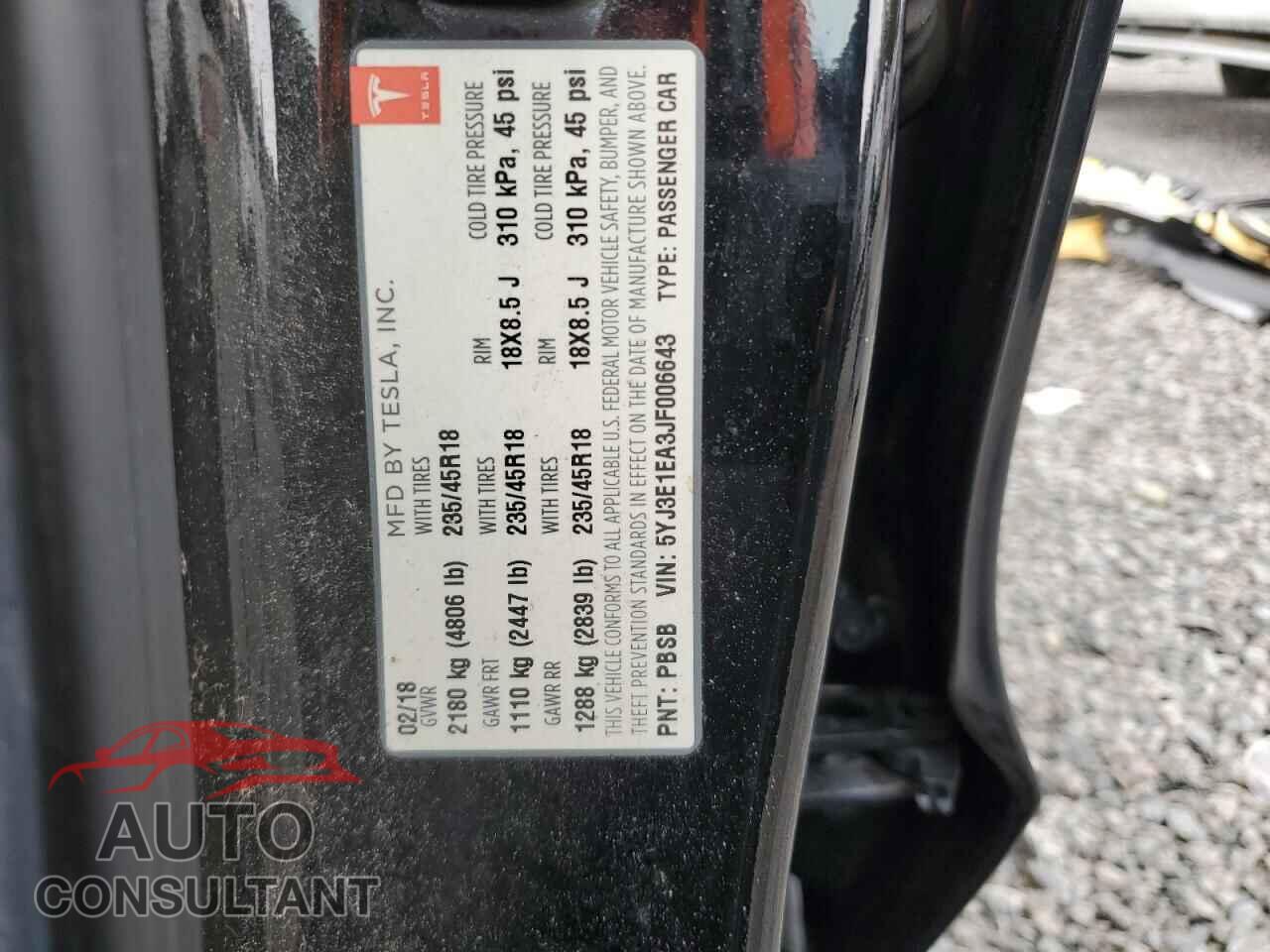 TESLA MODEL 3 2018 - 5YJ3E1EA3JF006643