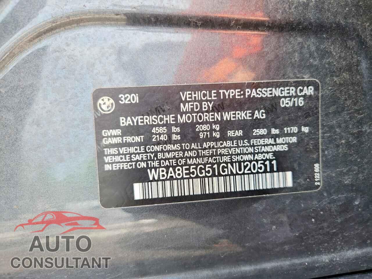BMW 3 SERIES 2016 - WBA8E5G51GNU20511