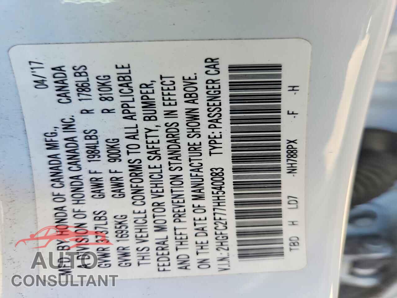 HONDA CIVIC 2017 - 2HGFC2F77HH540083
