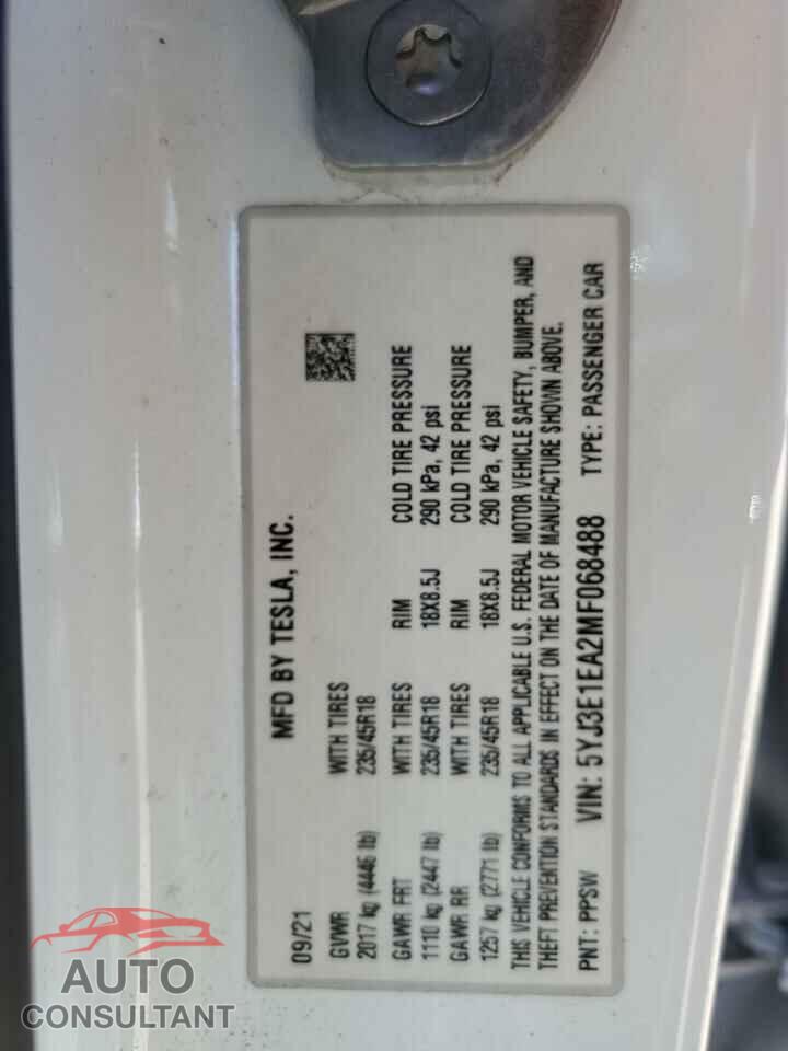 TESLA MODEL 3 2021 - 5YJ3E1EA2MF068488