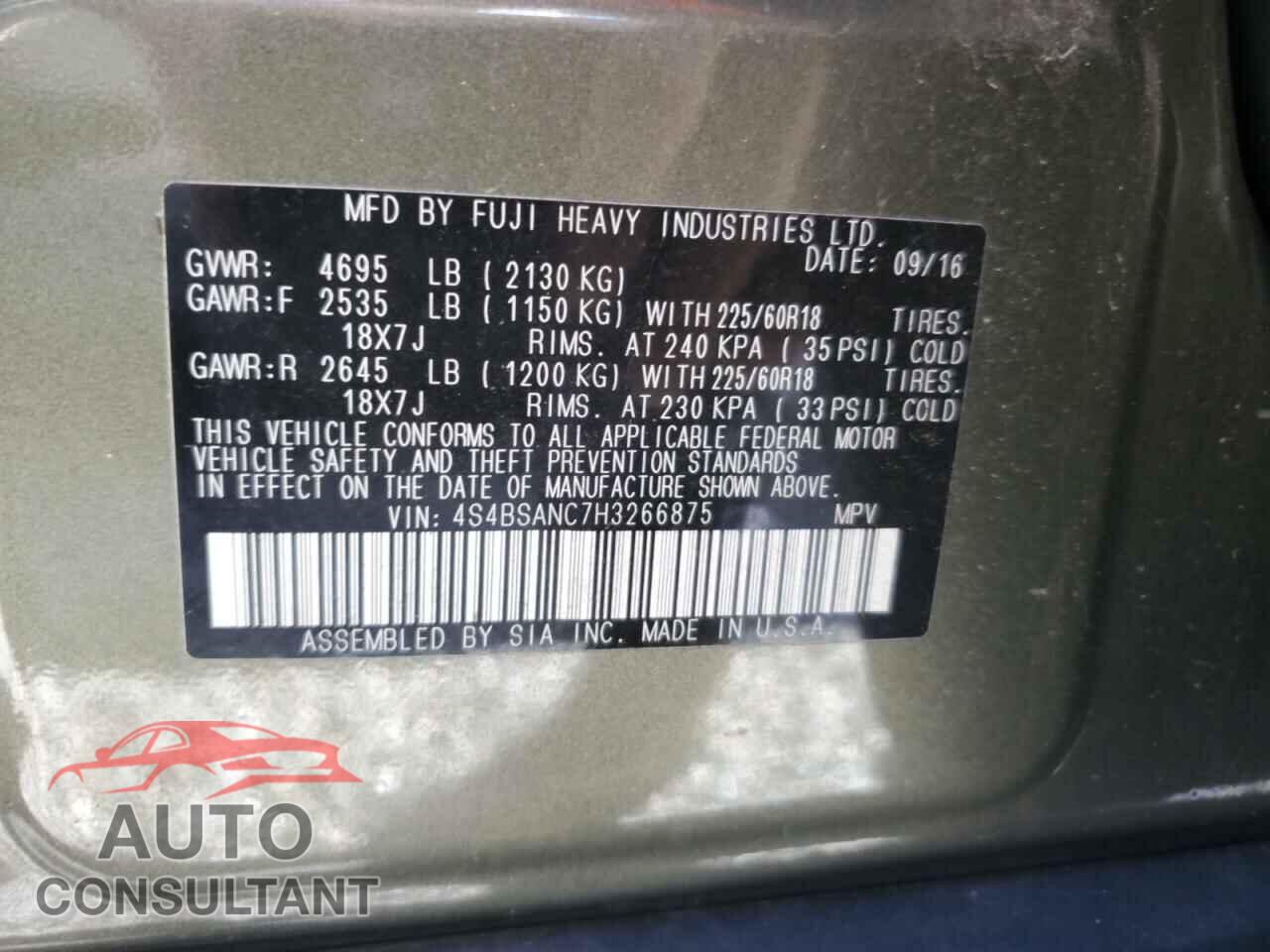 SUBARU OUTBACK 2017 - 4S4BSANC7H3266875
