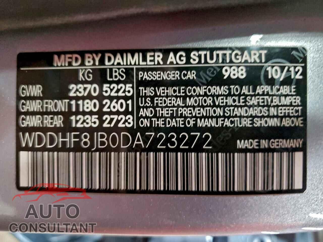 MERCEDES-BENZ E-CLASS 2013 - WDDHF8JB0DA723272