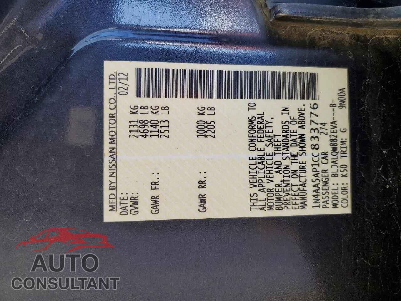 NISSAN MAXIMA 2012 - 1N4AA5AP1CC833776