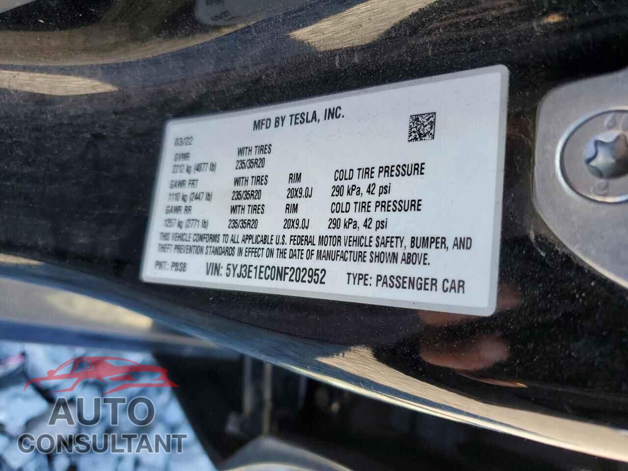 TESLA MODEL 3 2022 - 5YJ3E1EC0NF202952
