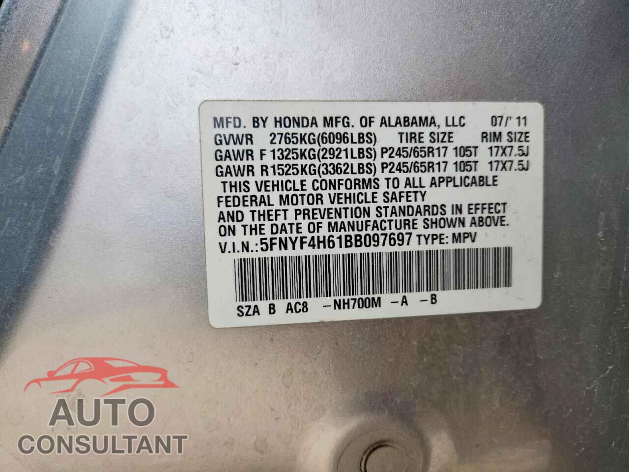 HONDA PILOT 2011 - 5FNYF4H61BB097697