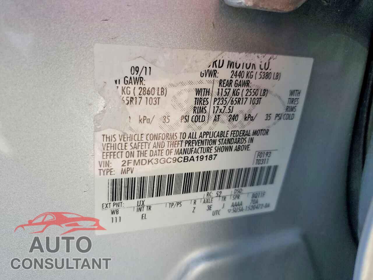FORD EDGE 2012 - 2FMDK3GC9CBA19187