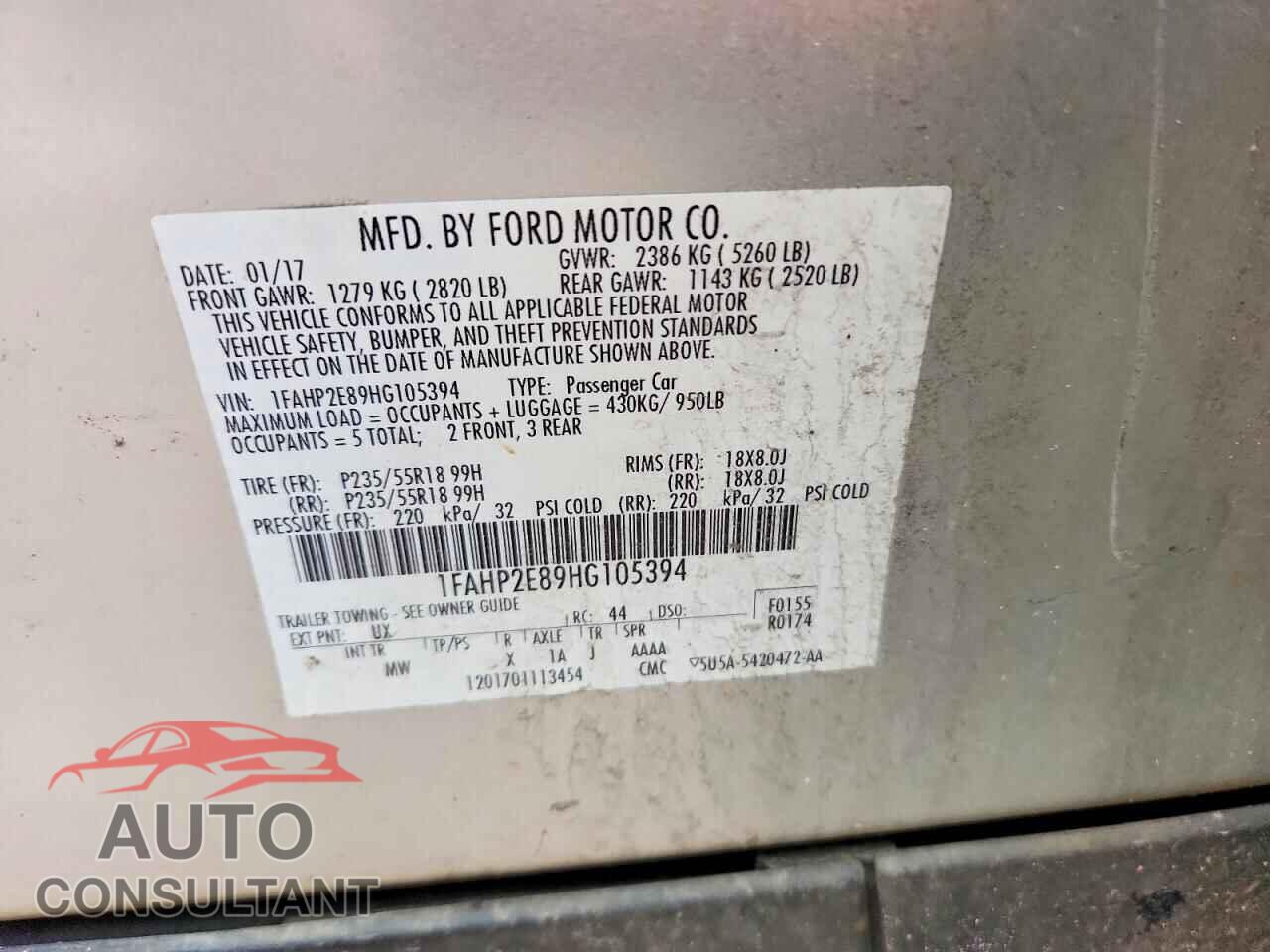 FORD TAURUS 2017 - 1FAHP2E89HG105394