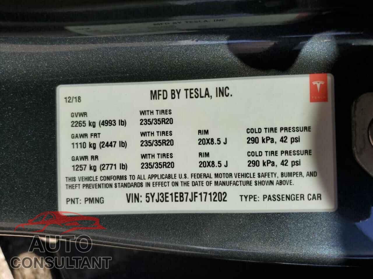 TESLA MODEL 3 2018 - 5YJ3E1EB7JF171202