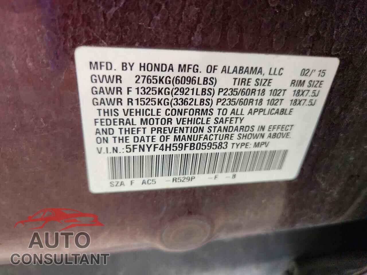 HONDA PILOT 2015 - 5FNYF4H59FB059583