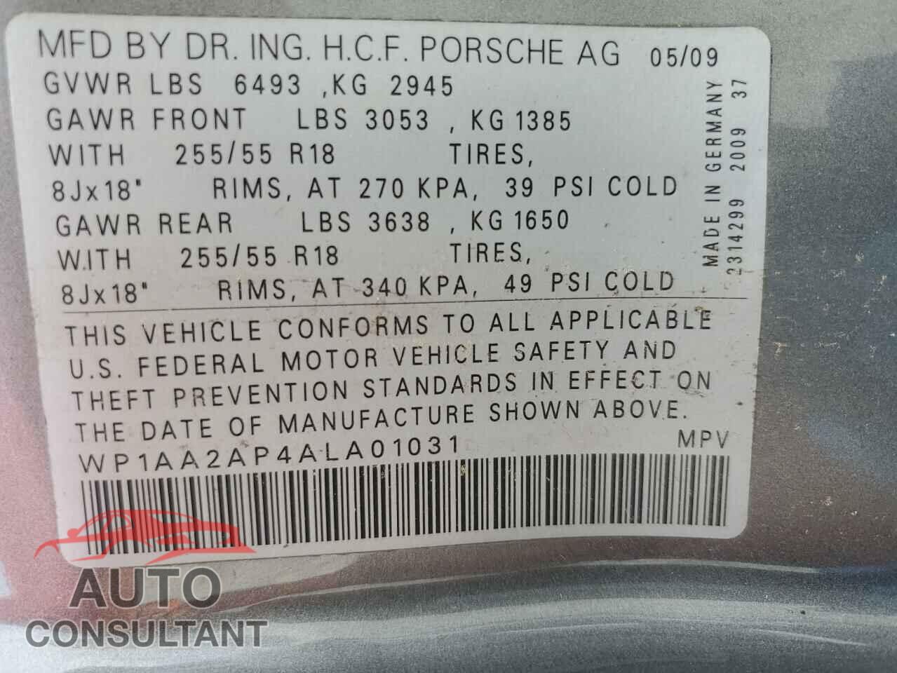 PORSCHE CAYENNE 2010 - WP1AA2AP4ALA01031