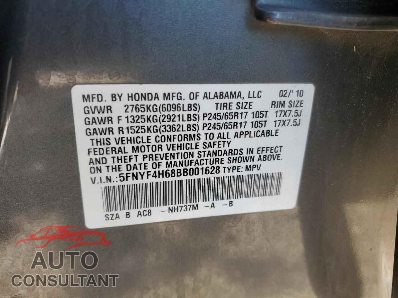 HONDA PILOT 2011 - 5FNYF4H68BB001628