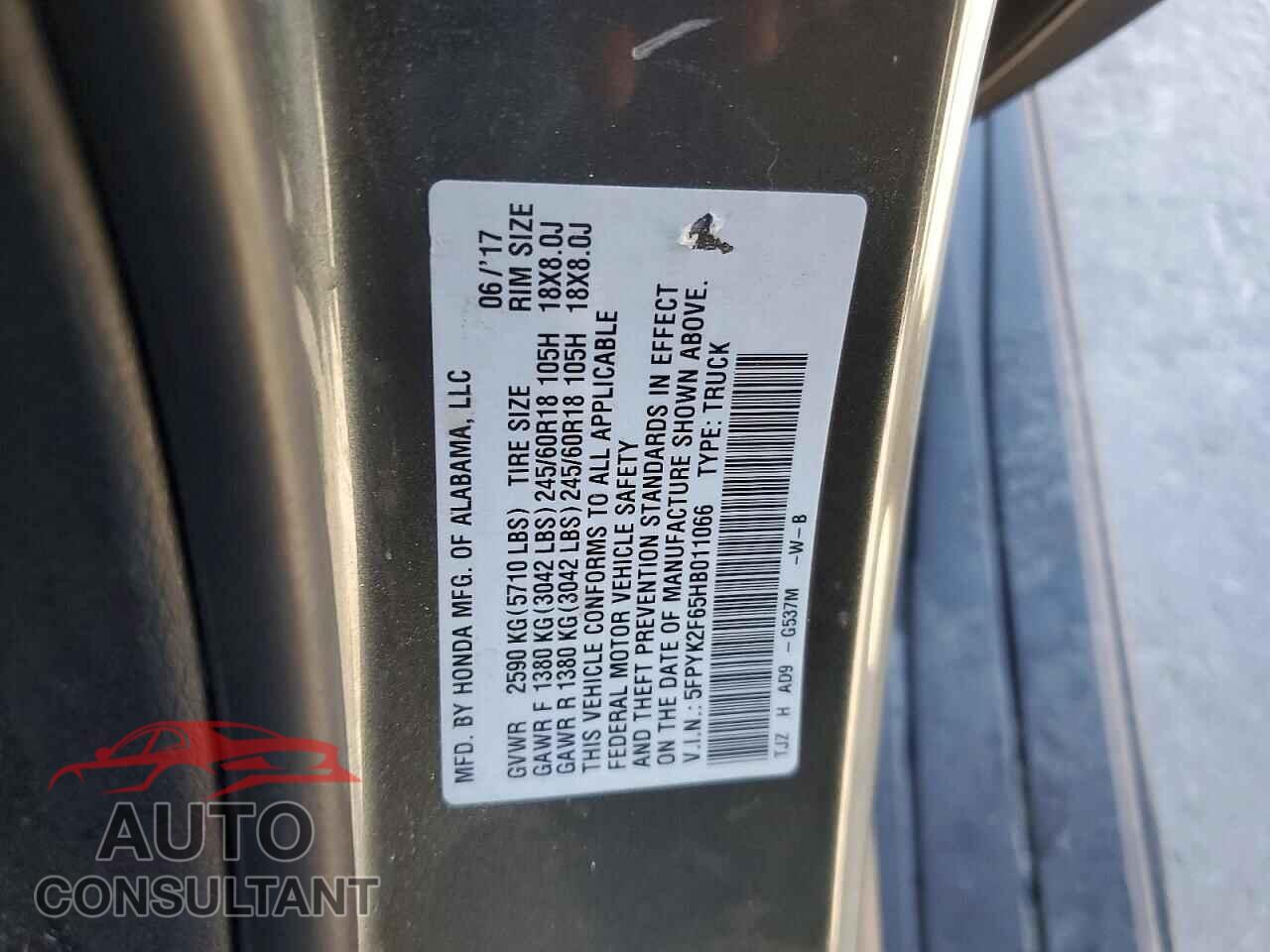 HONDA RIDGELINE 2017 - 5FPYK2F65HB011066