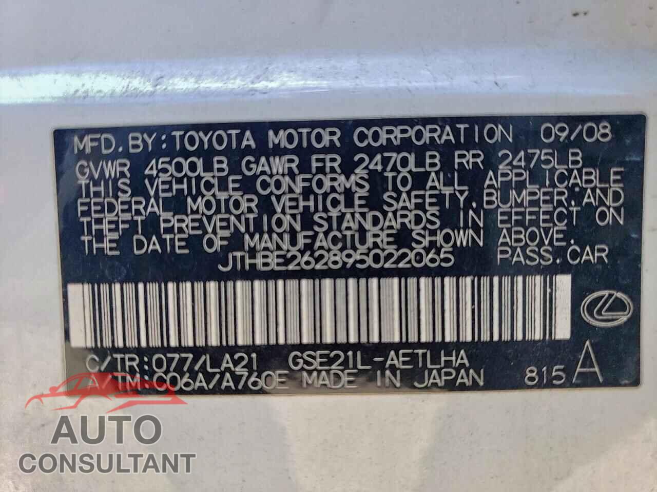 LEXUS IS 2009 - JTHBE262895022065