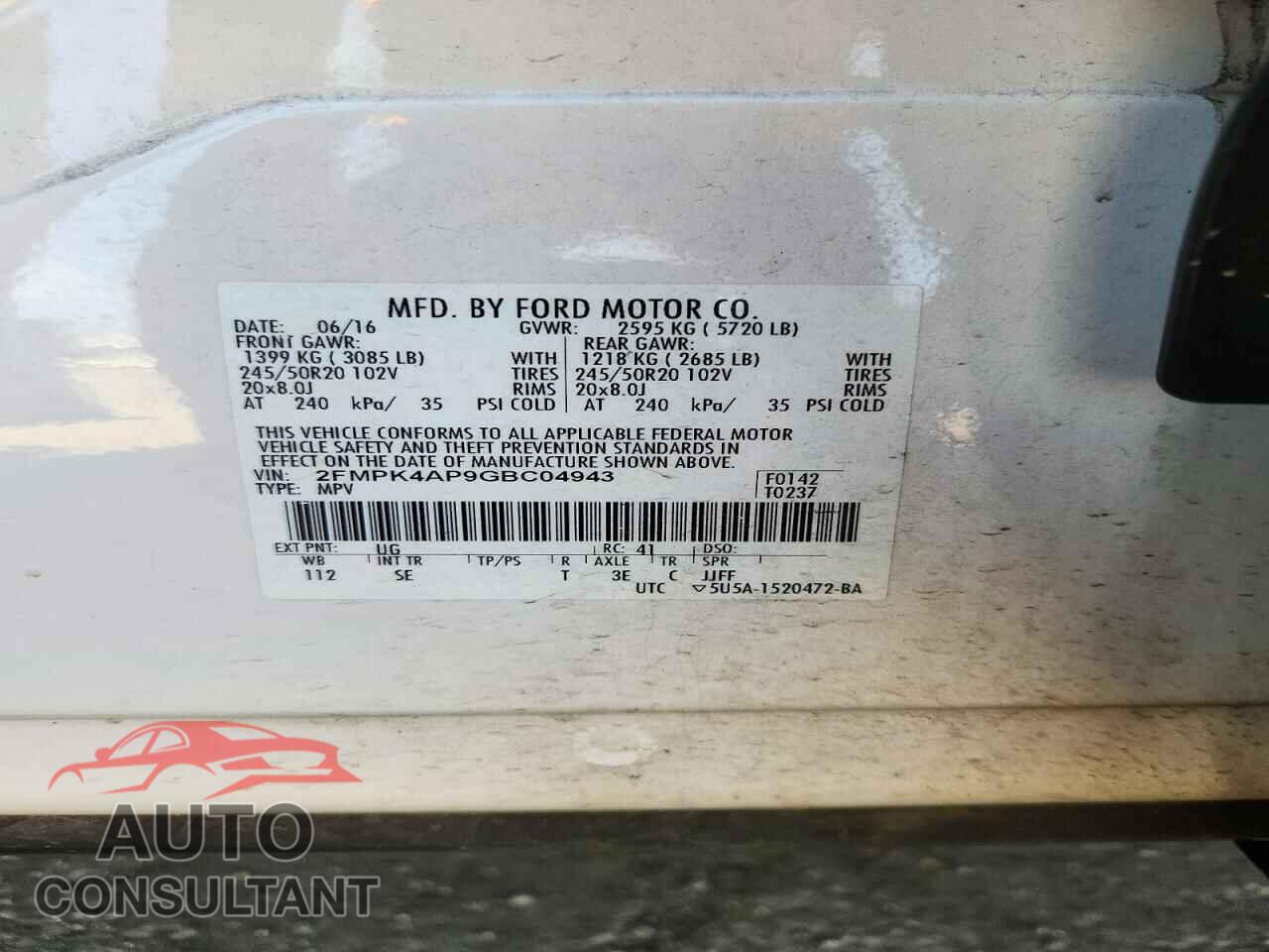 FORD EDGE 2016 - 2FMPK4AP9GBC04943