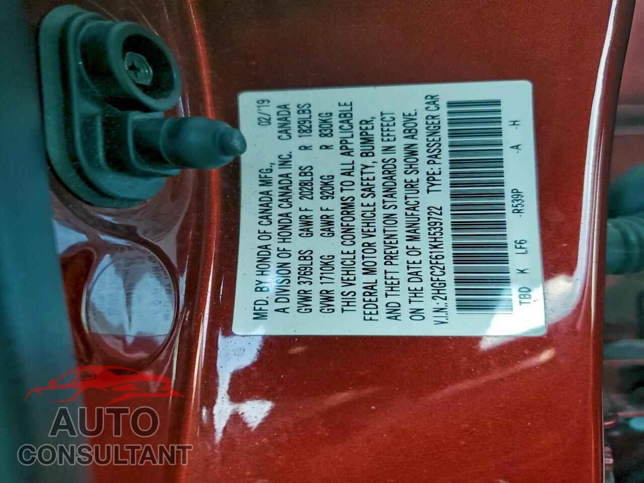 HONDA CIVIC 2019 - 2HGFC2F61KH539722
