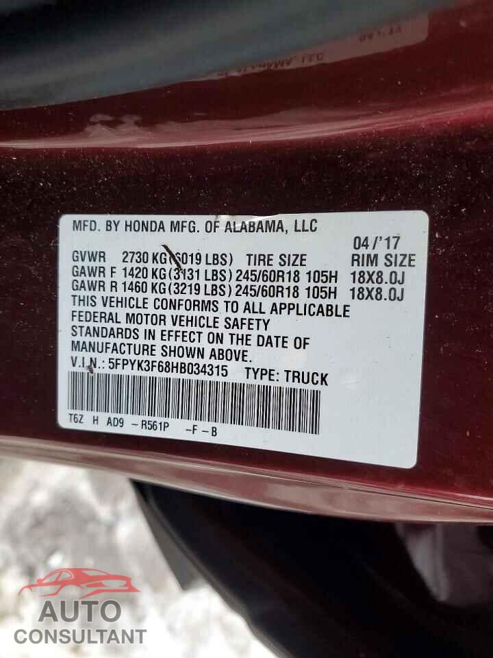 HONDA RIDGELINE 2017 - 5FPYK3F68HB034315