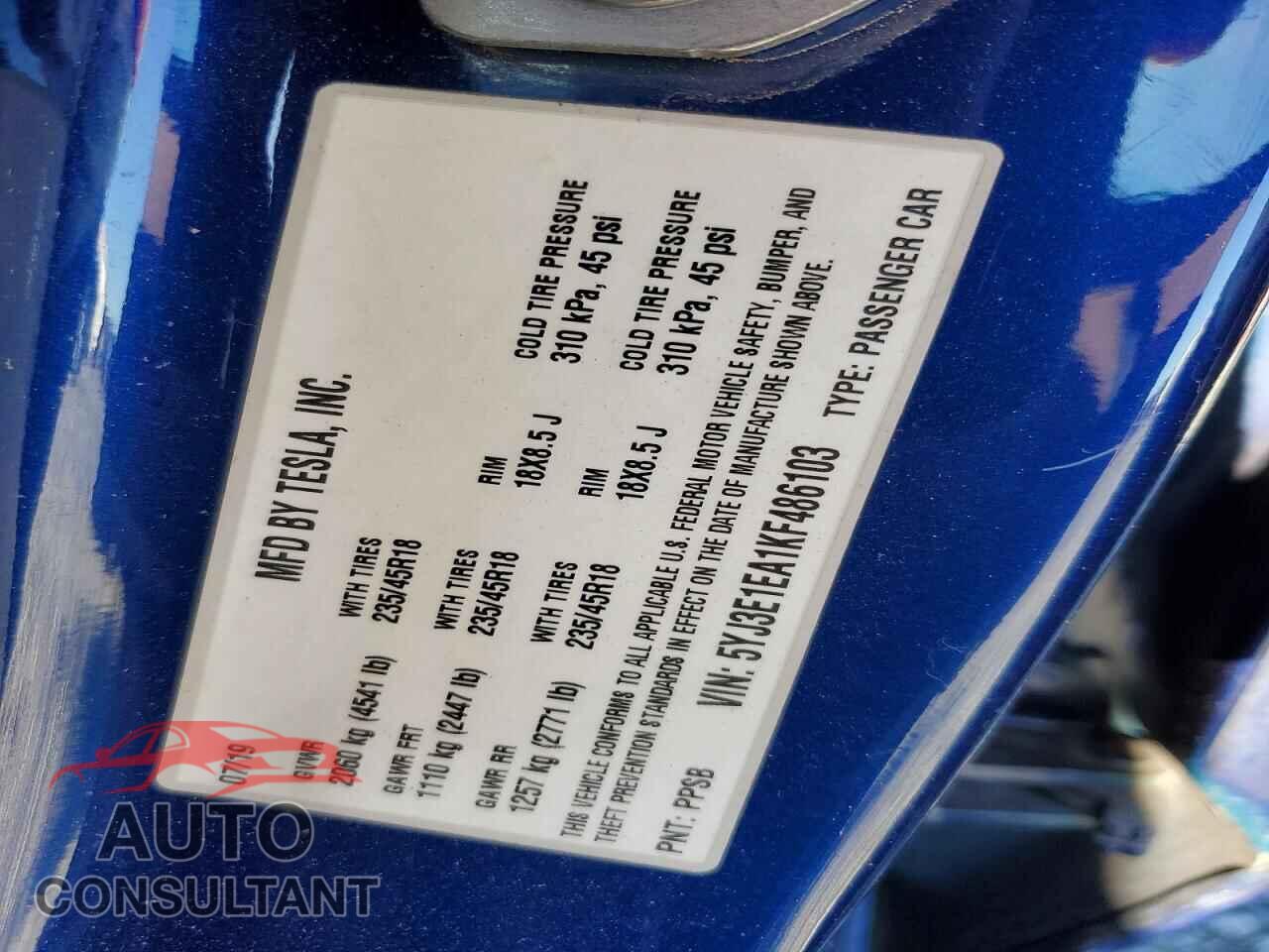 TESLA MODEL 3 2019 - 5YJ3E1EA1KF486103