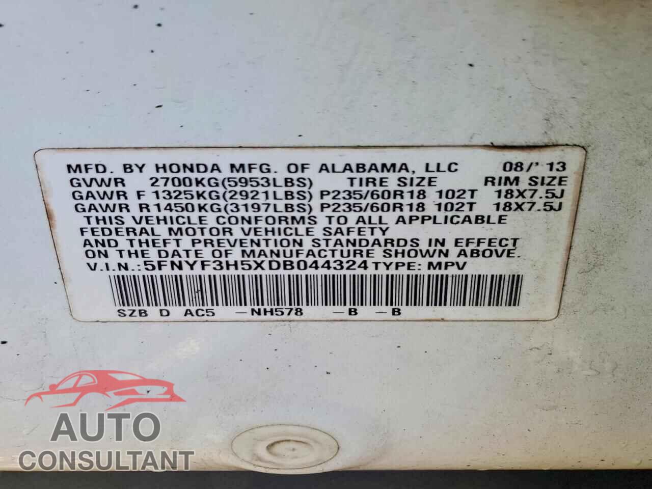 HONDA PILOT 2013 - 5FNYF3H5XDB044324