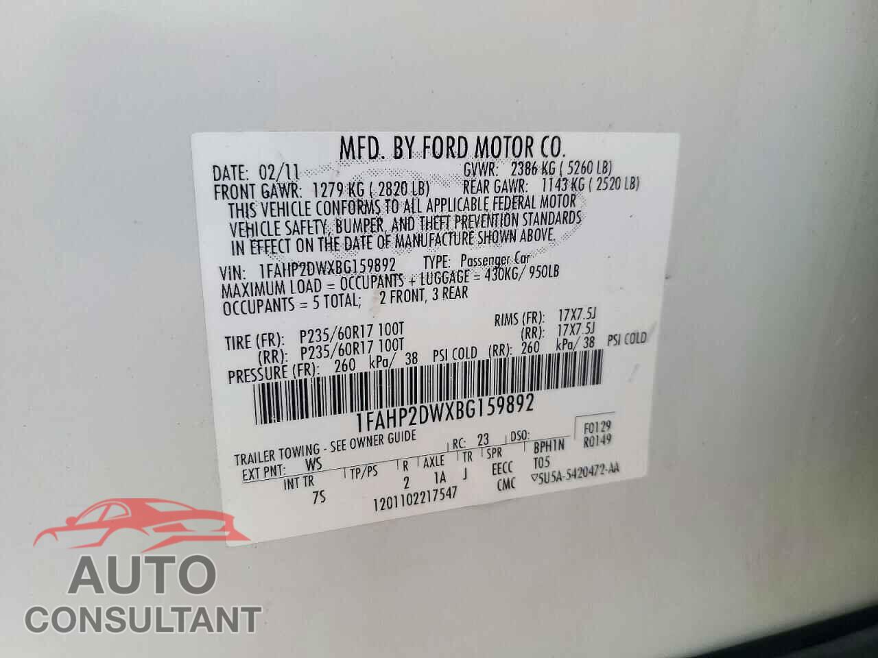 FORD TAURUS 2011 - 1FAHP2DWXBG159892