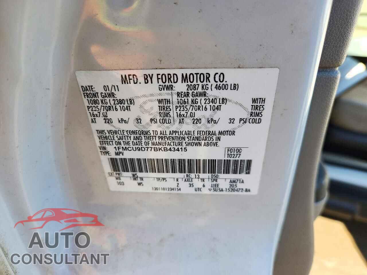 FORD ESCAPE 2011 - 1FMCU9D77BKB43415