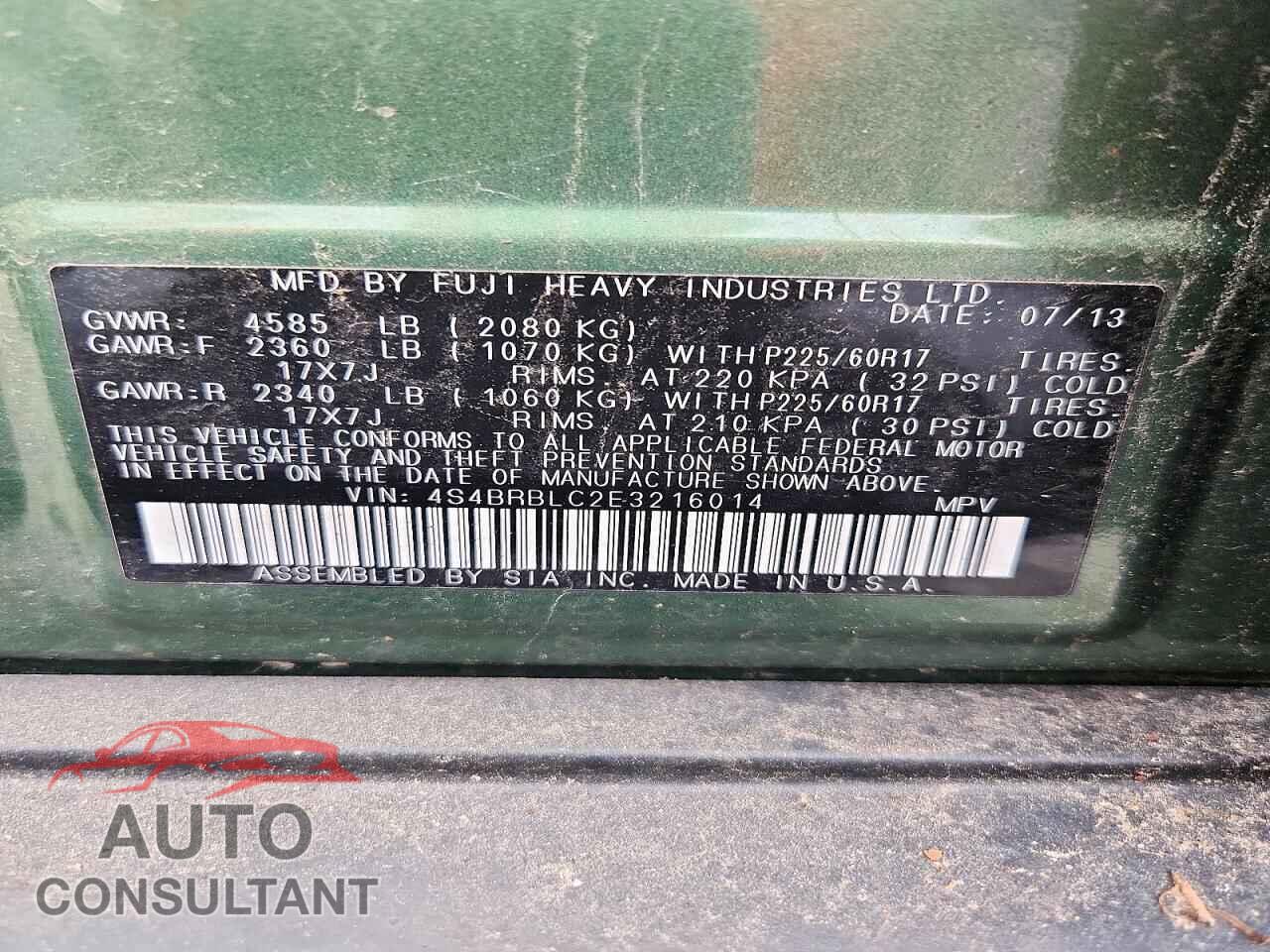 SUBARU OUTBACK 2014 - 4S4BRBLC2E3216014