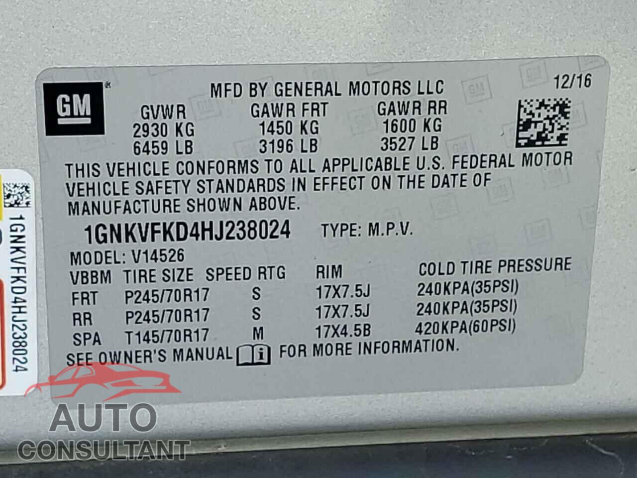 CHEVROLET TRAVERSE 2017 - 1GNKVFKD4HJ238024