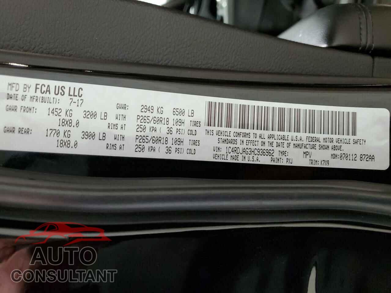 DODGE DURANGO 2017 - 1C4RDJAG3HC936962