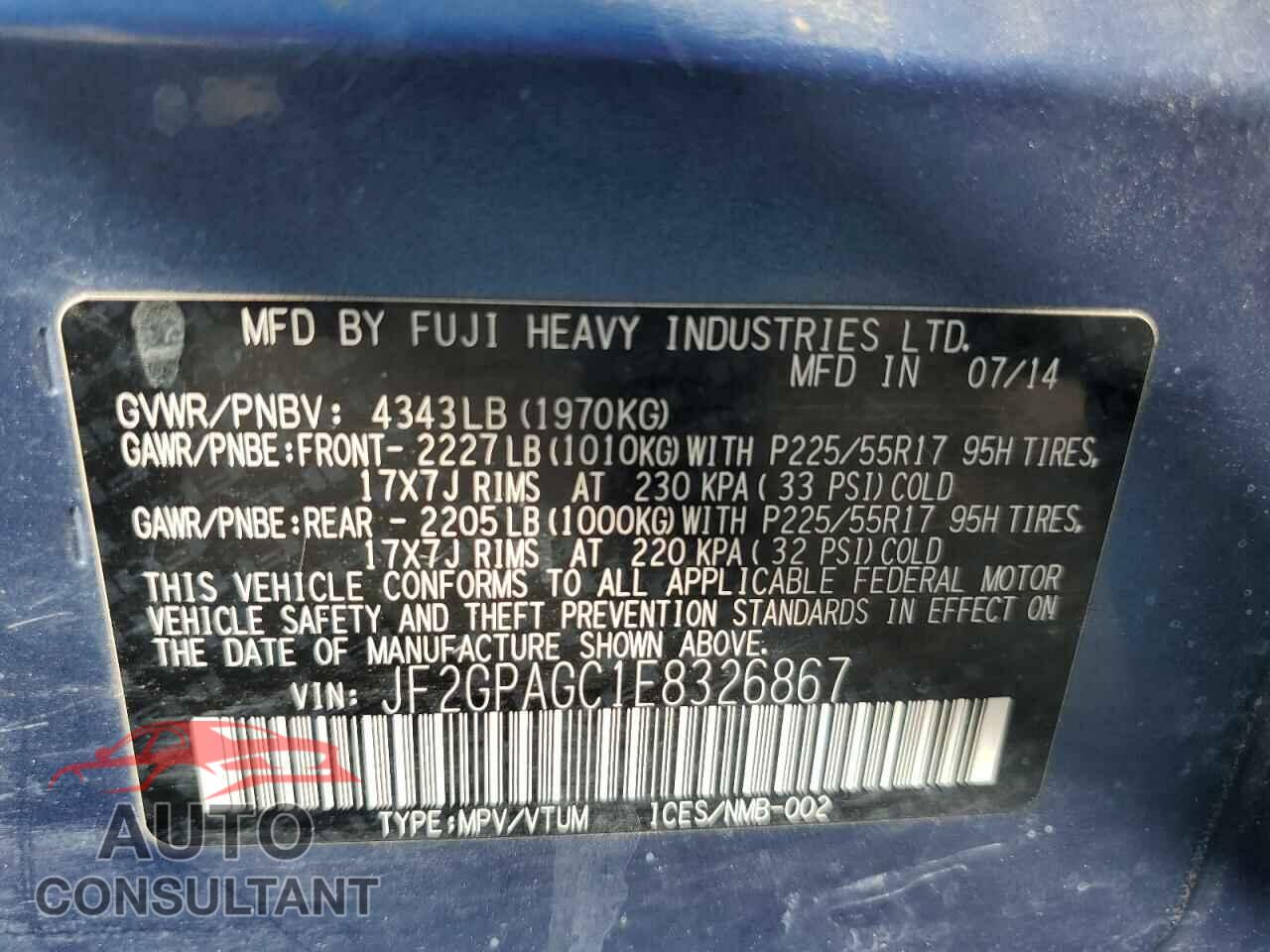 SUBARU XV 2014 - JF2GPAGC1E8326867
