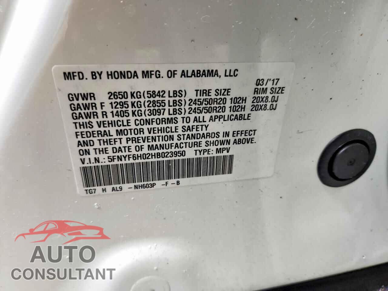 HONDA PILOT 2017 - 5FNYF6H02HB023950