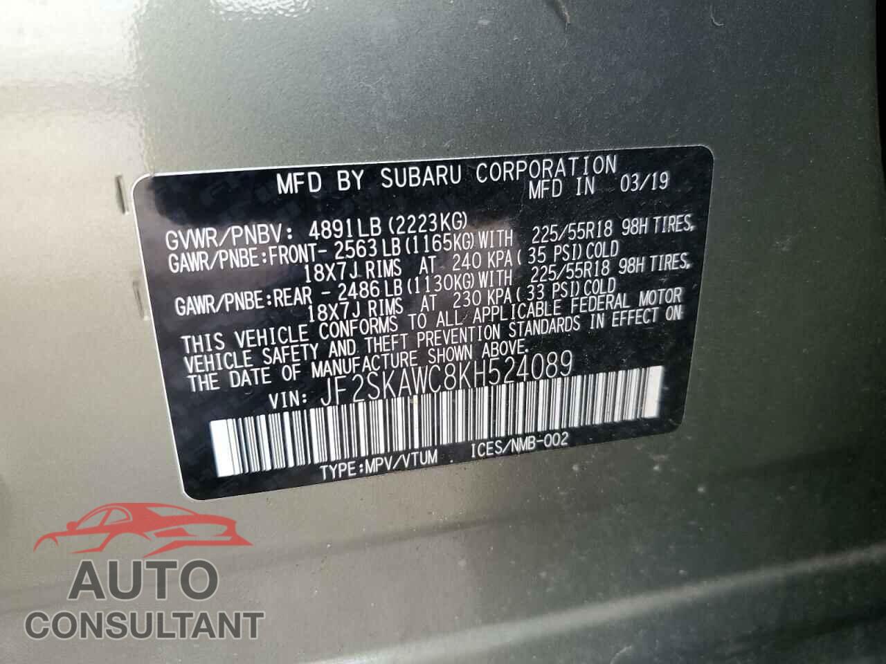 SUBARU FORESTER 2019 - JF2SKAWC8KH524089