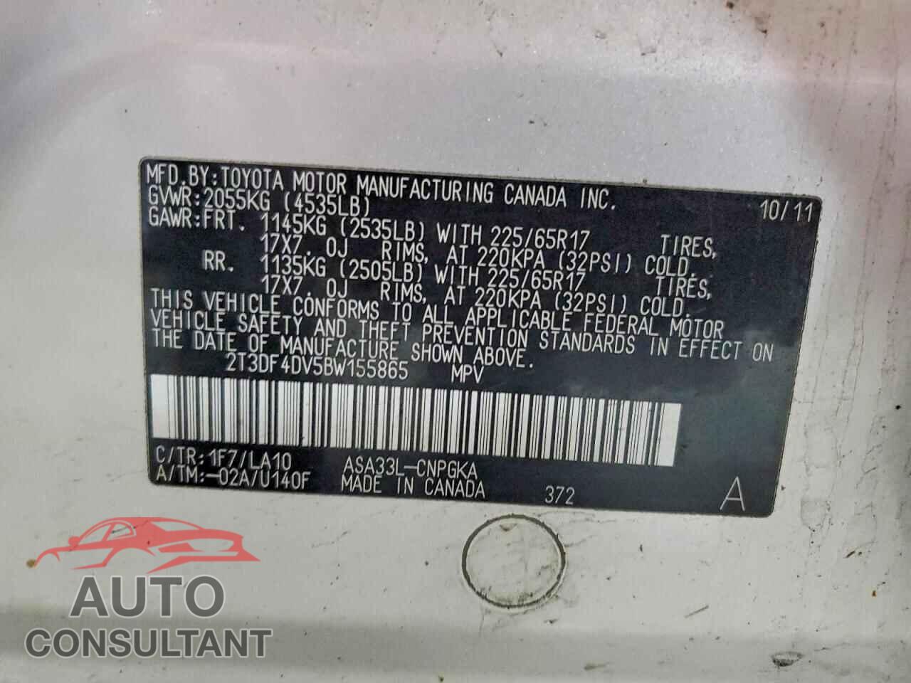 TOYOTA RAV4 2011 - 2T3DF4DV5BW155865