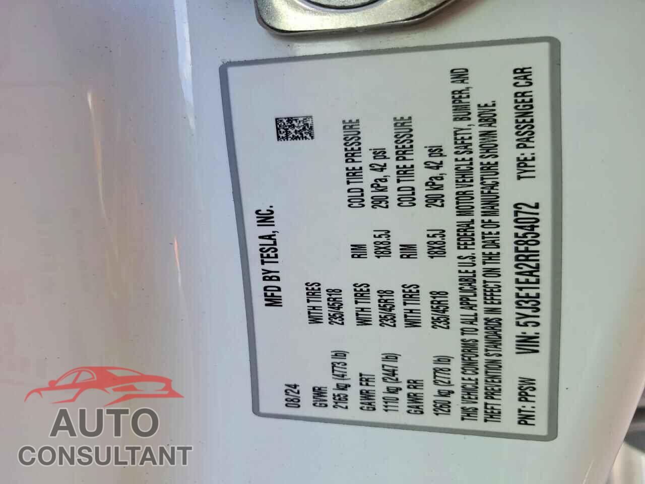 TESLA MODEL 3 2024 - 5YJ3E1EA2RF854072