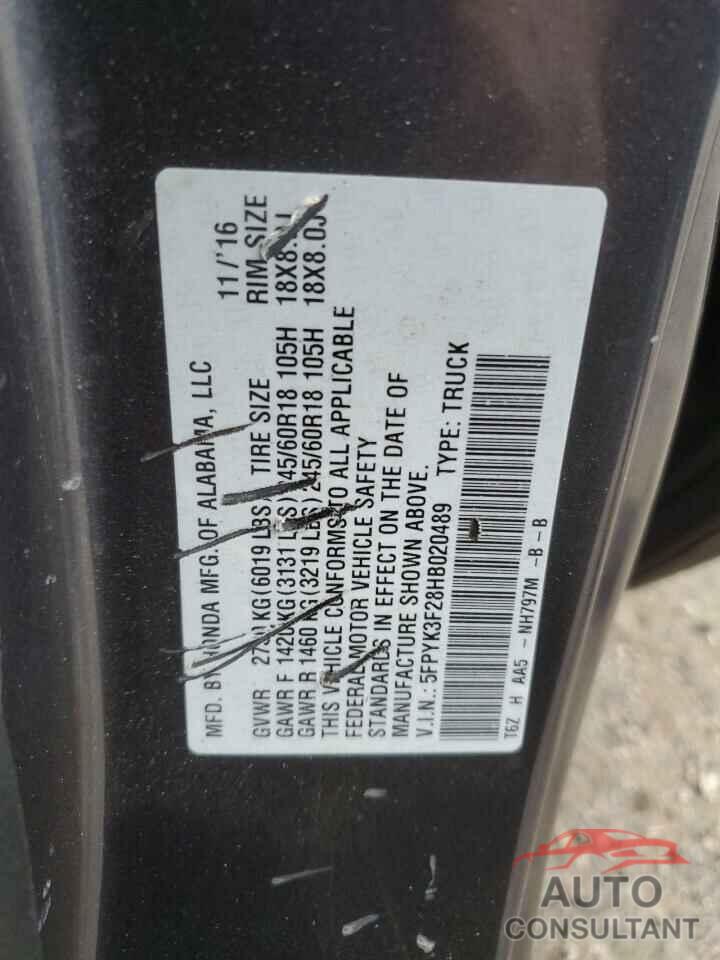 HONDA RIDGELINE 2017 - 5FPYK3F28HB020489