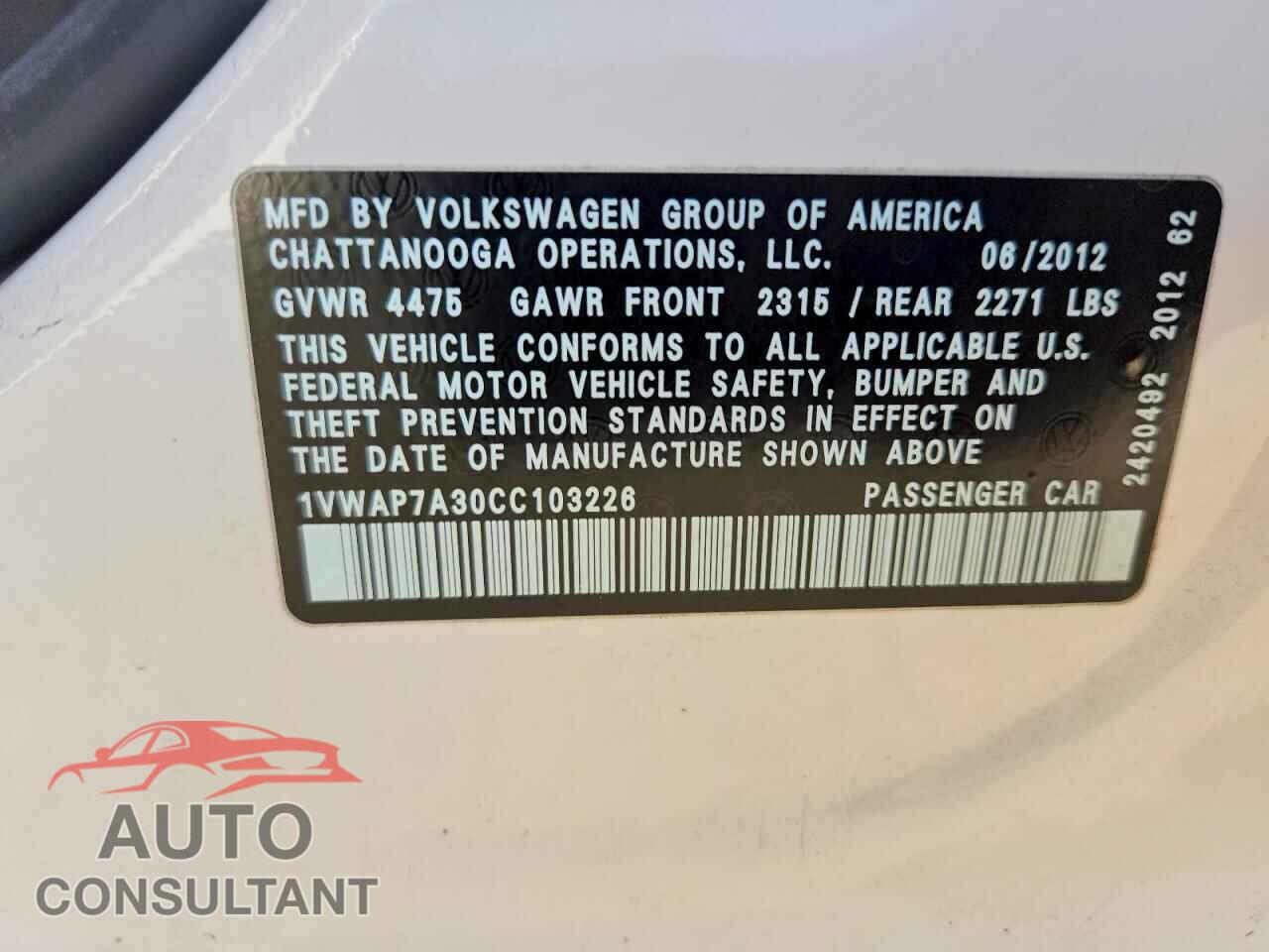 VOLKSWAGEN PASSAT 2012 - 1VWAP7A30CC103226