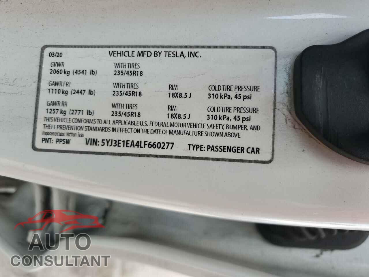 TESLA MODEL 3 2020 - 5YJ3E1EA4LF660277