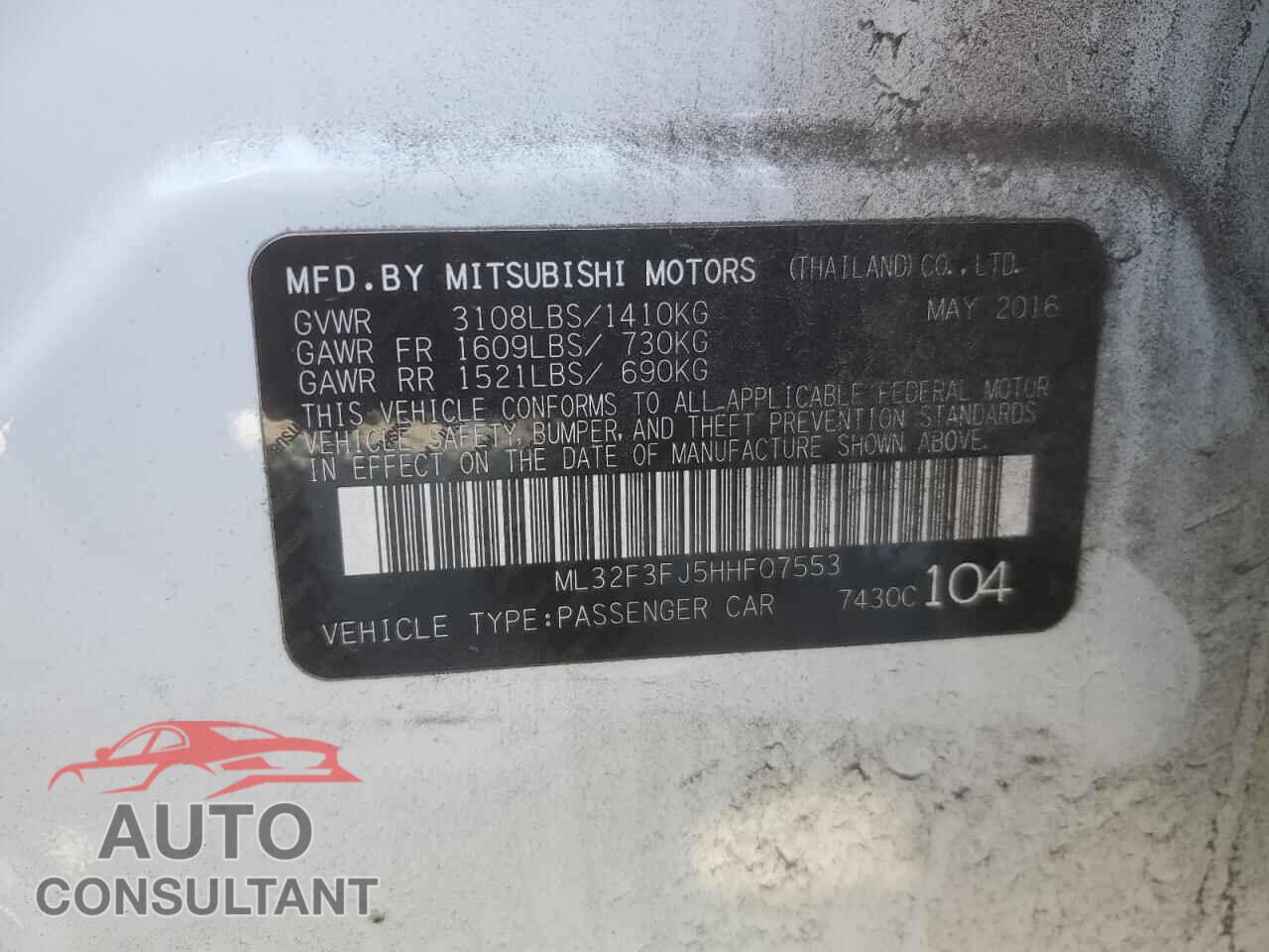 MITSUBISHI MIRAGE 2017 - ML32F3FJ5HHF07553