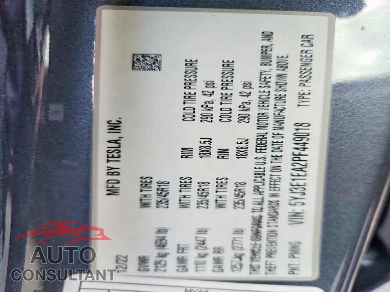 TESLA MODEL 3 2023 - 5YJ3E1EA2PF449018