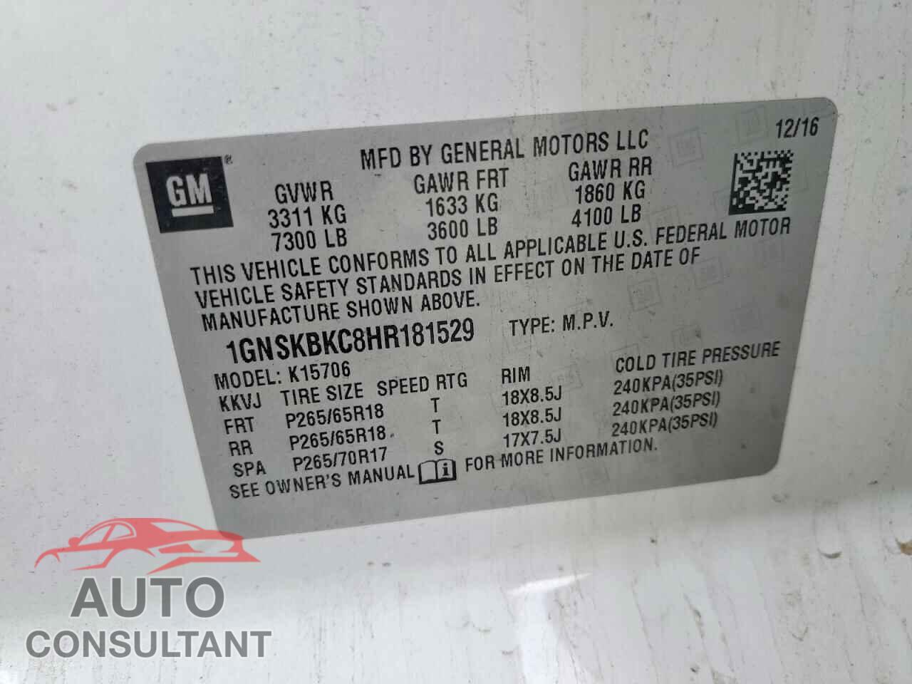 CHEVROLET TAHOE 2017 - 1GNSKBKC8HR181529