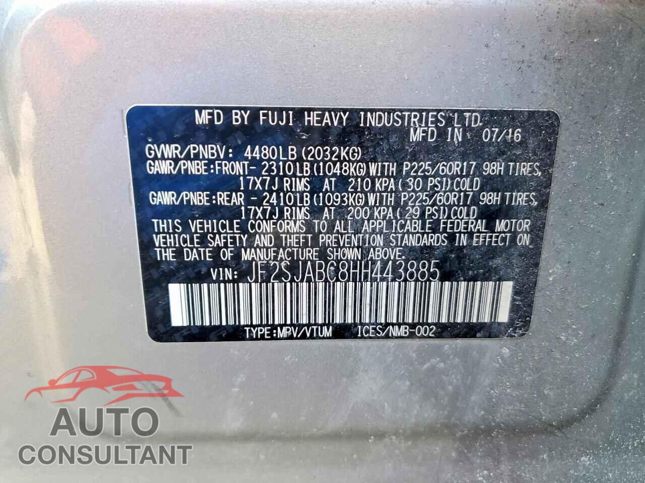 SUBARU FORESTER 2017 - JF2SJABC8HH443885